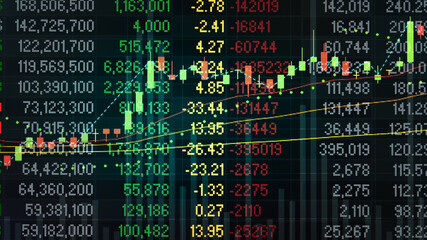 Financial data in term of a digital prices on LED display. A number of daily market price and quotation of prices chart to represent candle stick tracking in Forex trading.	
