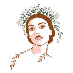 Vector portrait, women face in minimalistic trendy style with a wreath of hand drawn flowers  - design templates for social media stories and bloggers - simple, stylish logo for beauty salons, package
