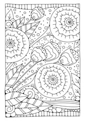 Doodle style flowers, buds, leaves. Art line illustration. Coloring page. Black and white background for coloring.