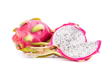 one half, quarter and one whole dragon fruit pitaya, on white background, isolated