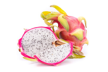one half, quarter and one whole dragon fruit pitaya, on white background, isolated