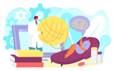 Online mental therapy, psychologist counseling and psychotherapy concept, vector illustration. Psychological support for woman character patient.
