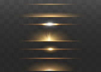 yellow horizontal lens flares pack. Laser beams, horizontal light rays. Beautiful light flares. Glowing streaks on dark background. Luminous abstract sparkling lined background.