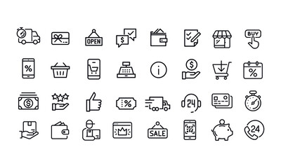 Online Shopping - thin linear vector icon set