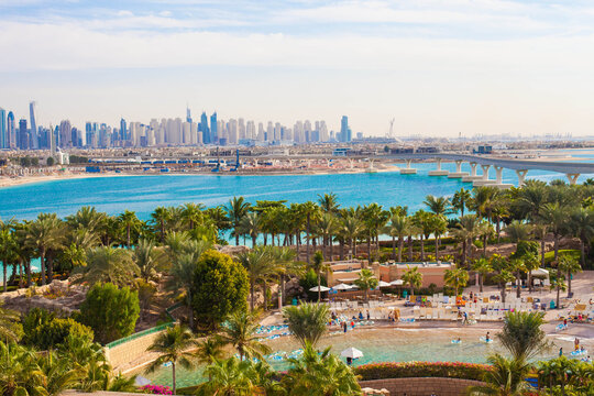 Dubai. View from Palm Jumeira to the city. Dubai Marina and JBR beach. The beauty of Marina just from the top
