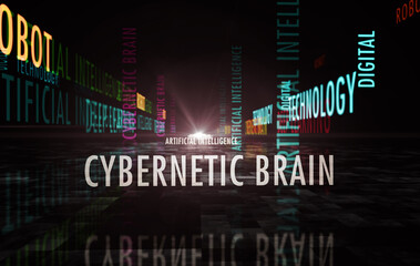 Artificial intelligence deep learning and cybernetic brain text abstract concept illustration