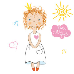 Cute little redhead curly girl in white dress. Pretty princess. Cartoon style.