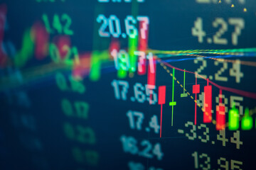 Stock market data on digital LED display. Fundamental and technical analysis with candle stick graph chart of stock market trading to represent about Bullish and Bearish point.	
