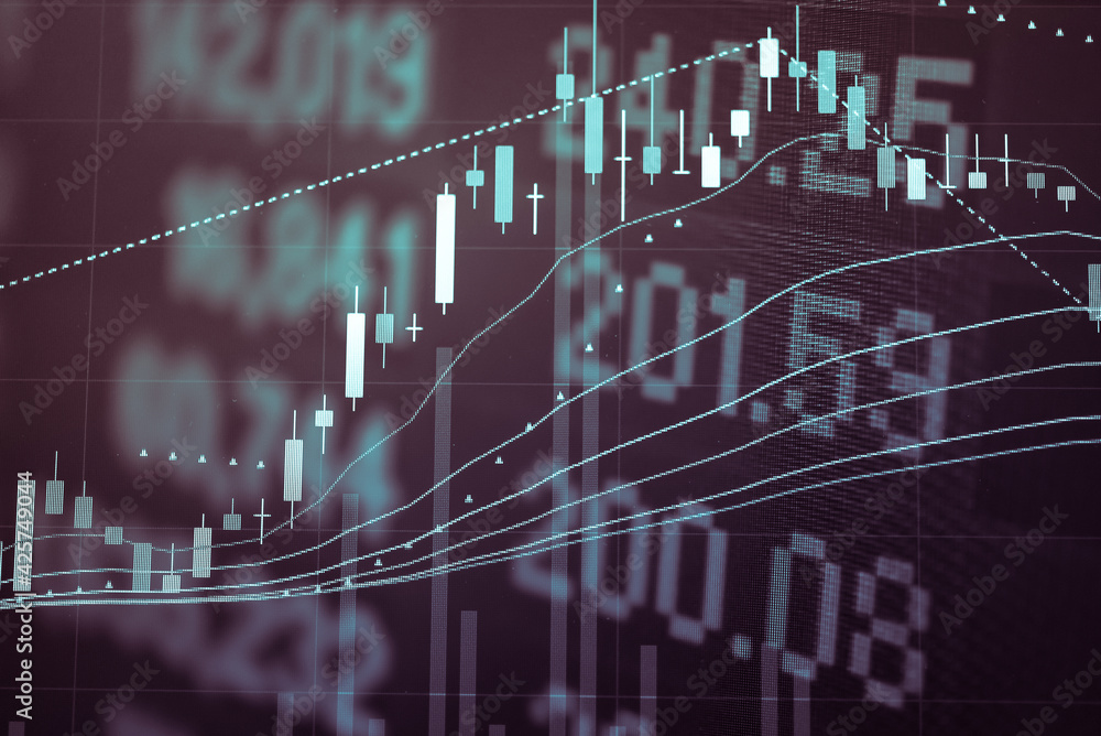 Aufkleber stock market data on digital led display. fundamental and technical analysis with candle stick graph
