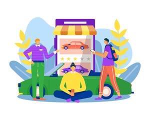 Car rental in smartphone, vector illustration. Man woman people character use phone for vehicle travel, carsharing service application.