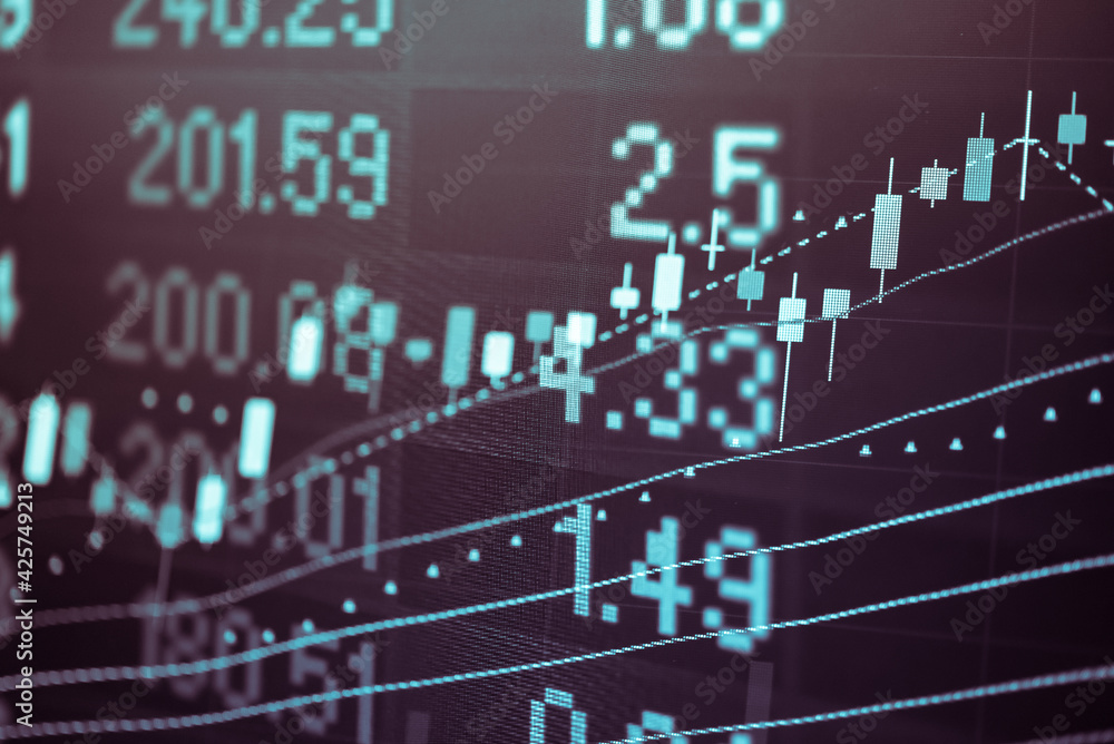 Poster stock market data on digital led display. fundamental and technical analysis with candle stick graph