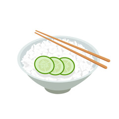 Rice bowl with chopsticks and cucumber slice icon isolated on white background vector illustration. Restaurant menu design.
