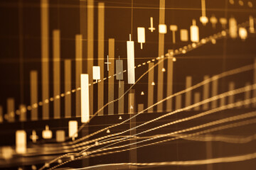 Stock market data on digital LED display. Fundamental and technical analysis with candle stick graph chart of stock market trading to represent about Bullish and Bearish point.	
