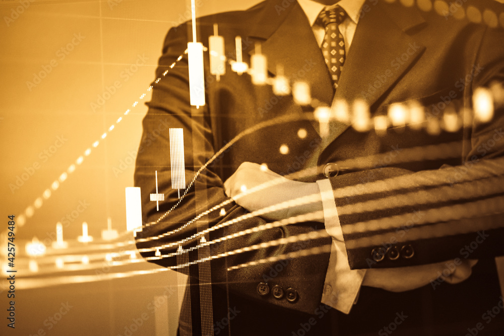 Poster stock market data on digital led display. fundamental and technical analysis with candle stick graph