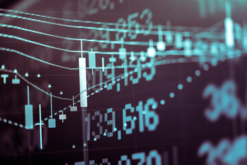 Stock market data on digital LED display. Fundamental and technical analysis with candle stick...