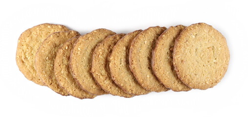 Oat cookies with milk chocolate isolated on white background, top view