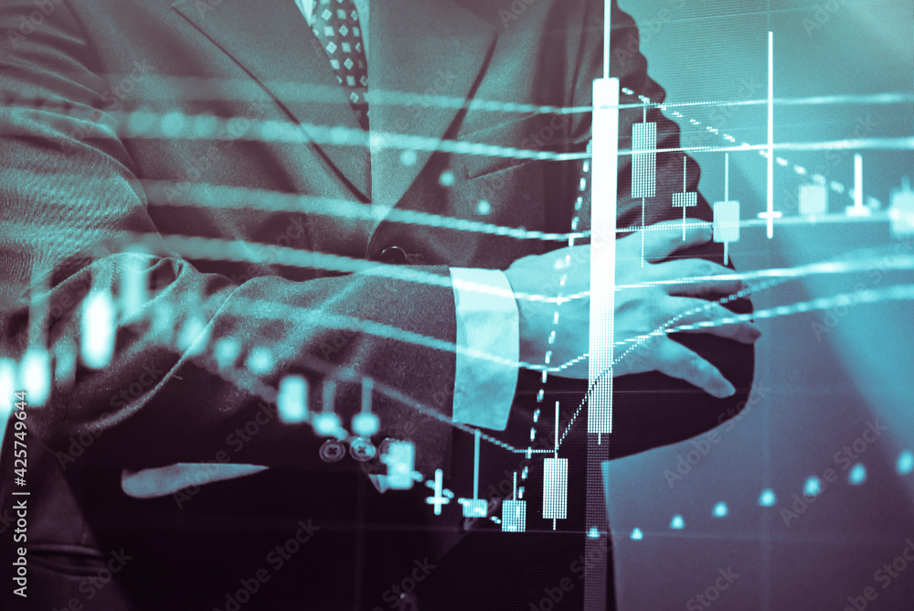 Poster stock market data on digital led display. fundamental and technical analysis with candle stick graph