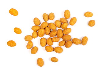 Peanuts with BBQ flavor, snack pile isolated on white background, top view