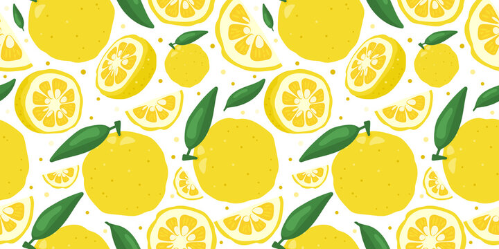 Yuzu japanese citron fruit seamless pattern vector illustration isolated on white background. Full, half and sliced citrus yuzu fresh fruit seamless texture.