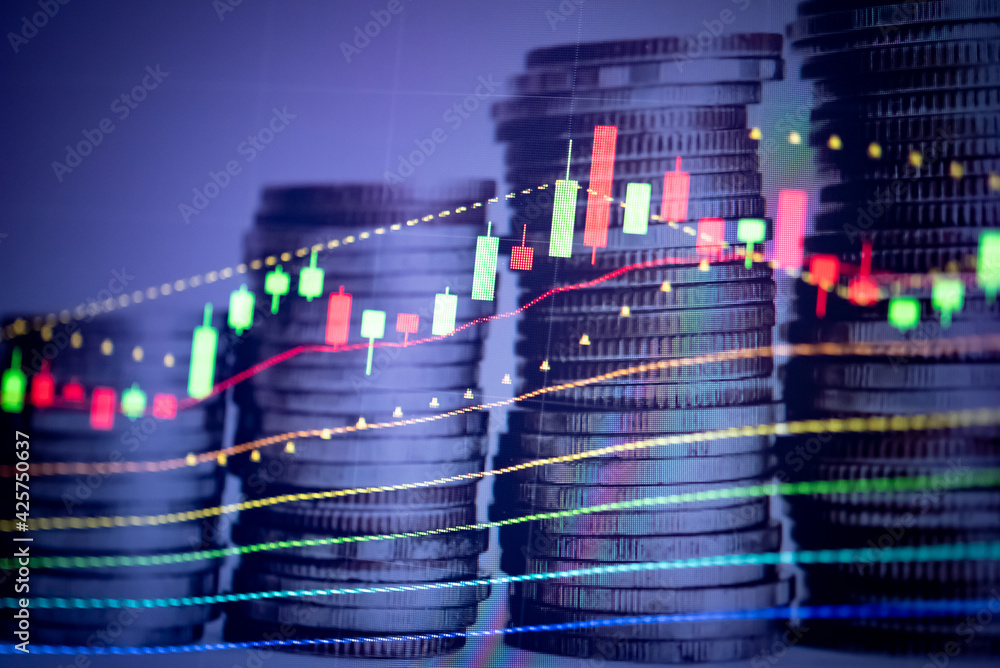 Poster stock market data on digital led display. fundamental and technical analysis with candle stick graph