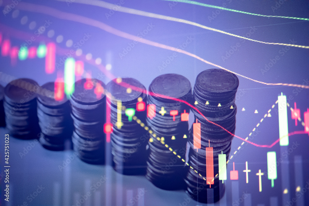Poster stock market data on digital led display. fundamental and technical analysis with candle stick graph