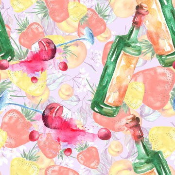 Vintage watercolor pattern - flowers, branch, peach, apricot, leaves.A bottle of wine, a glass of red wine. Berry-fruity wine taste. .A  floral pattern with fruits. Blueberries, currants, grapes
