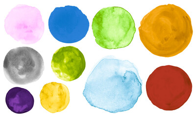 Colorful Watercolor Round Collection. Art Creative Spot Drawing. Hand Paint Background with Blot on Paper. Brush