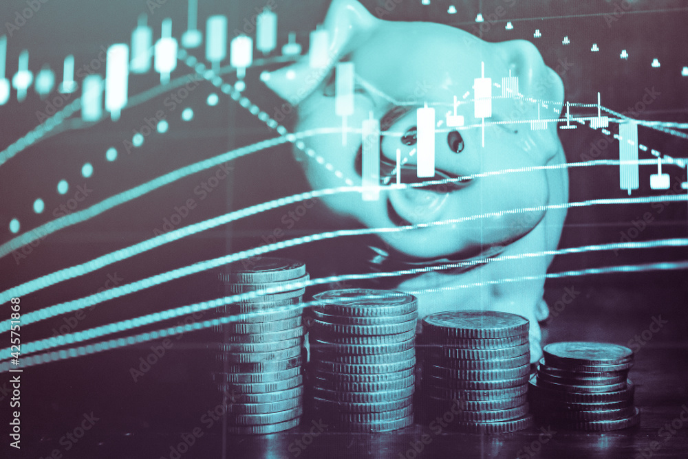 Poster stock market data on digital led display. fundamental and technical analysis with candle stick graph