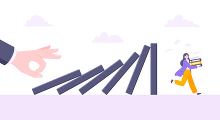 Domino effect or business cowardice metaphor vector illustration concept. Adult young businessman run away from hand falling domino line business concept problem solving and danger chain reaction.