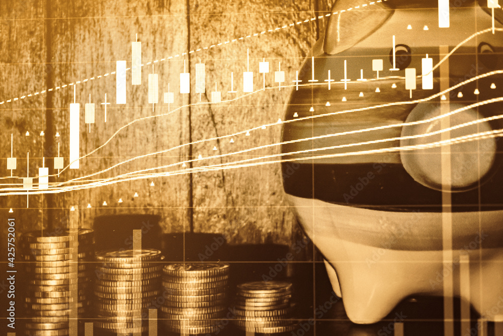 Poster stock market data on digital led display. fundamental and technical analysis with candle stick graph