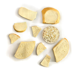 Cheese on a white background with space for text. Top view, flat lay. Farm organic products