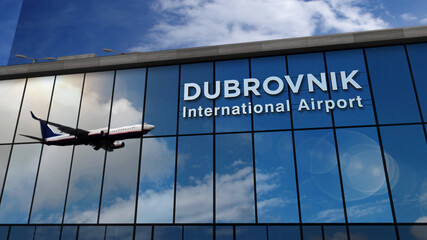 Airplane landing at Dubrovnik Croatia airport mirrored in terminal