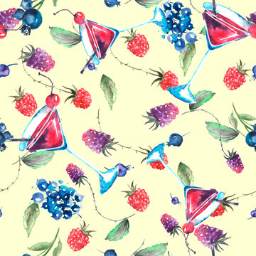 Seamless watercolor pattern with berry wine,  wine, cocktail, glass with vermouth. champagne. Package, packaging for wine. Berries, raspberries, strawberries, currants, grapes. 