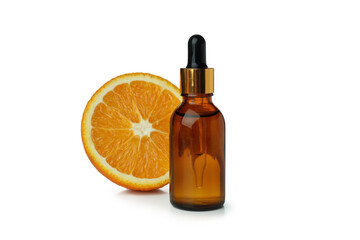 Dropper bottle with oil and orange isolated on white background