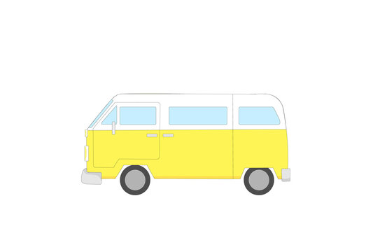 Yellow and white retro camper van isolated on white background. Colorful illustration. 