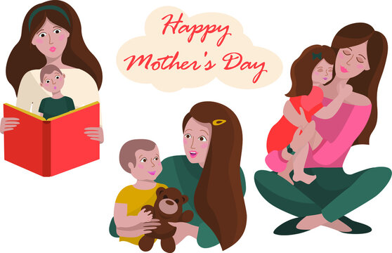 A set of pictures for mother's day.  Mom and baby isolated illustration on white background.  Vector illustration.