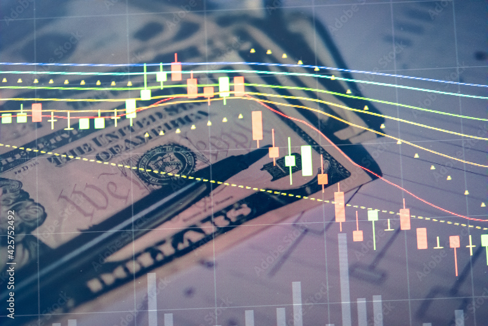 Poster stock market data on digital led display. fundamental and technical analysis with candle stick graph