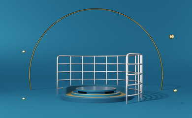 podium empty with geometric shapes in blue composition for modern stage display and minimalist mockup ,abstract showcase background ,Concept 3d illustration or 3d render
