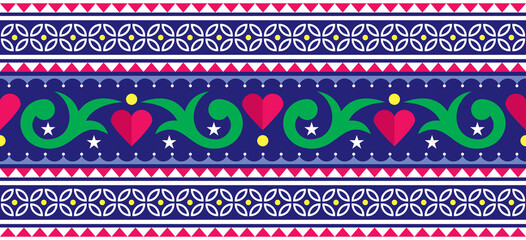Indian and Pakistani truck art vector long stripe seamless pattern design with flowers and hearts 
