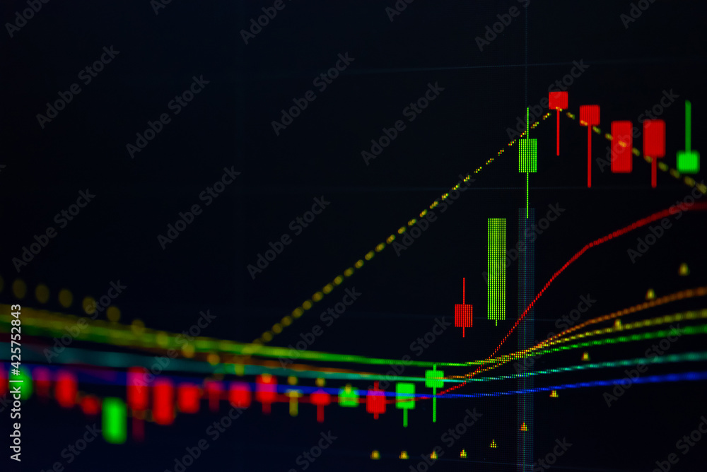 Poster stock market data on digital led display. fundamental and technical analysis with candle stick graph