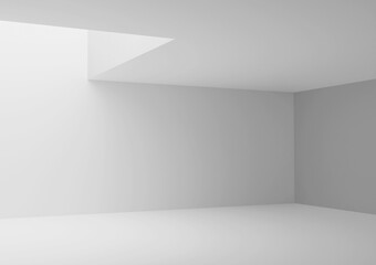 Empty room with white walls, floor and ceiling and with opening in ceiling for lighting, 3D render