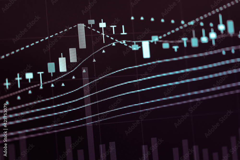 Poster stock market data on digital led display. fundamental and technical analysis with candle stick graph