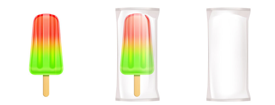 Fruit ice cream in package, lolly on stick, frozen fruity popsicle. Packed colorful green, yellow and red summer dessert made of fresh juice isolated on white background. Realistic 3d vector icons set