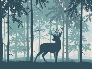 Deer with antlers posing, blue forest background, silhouettes of trees. Magical misty landscape. Illustration. 