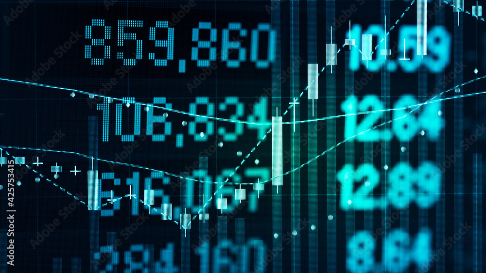 Poster stock market data on digital led display. fundamental and technical analysis with candle stick graph