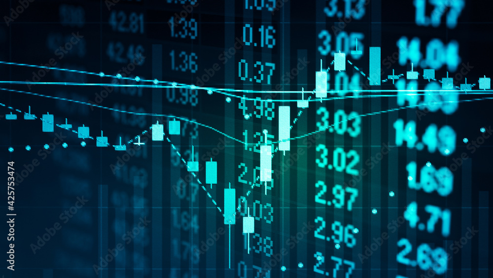 Poster stock market data on digital led display. fundamental and technical analysis with candle stick graph