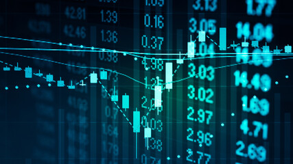 Stock market data on digital LED display. Fundamental and technical analysis with candle stick graph chart of stock market trading to represent about Bullish and Bearish point.	
