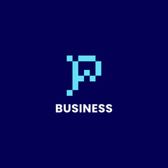 Simple and minimalis bright blue pixel letter P monogram initial logo