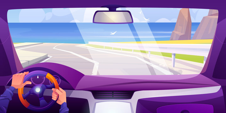 Sea beach view from car interior through windshield. Vehicle salon inside with hands on steering wheel and dashboard. Vector cartoon landscape of highway, ocean shore, mountains and seagulls