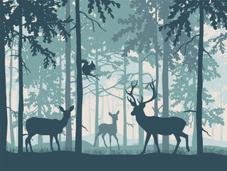 Deer with doe and fawn in magic misty forest. Squirrel on branch. Silhouettes of trees and animals. Blue background, illustration.